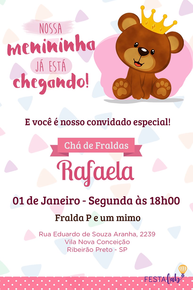 Modelo de Convite de Cha de fraldas - Ursinho Criar convite de Chá de fraldas - Ursinho| FestaLab