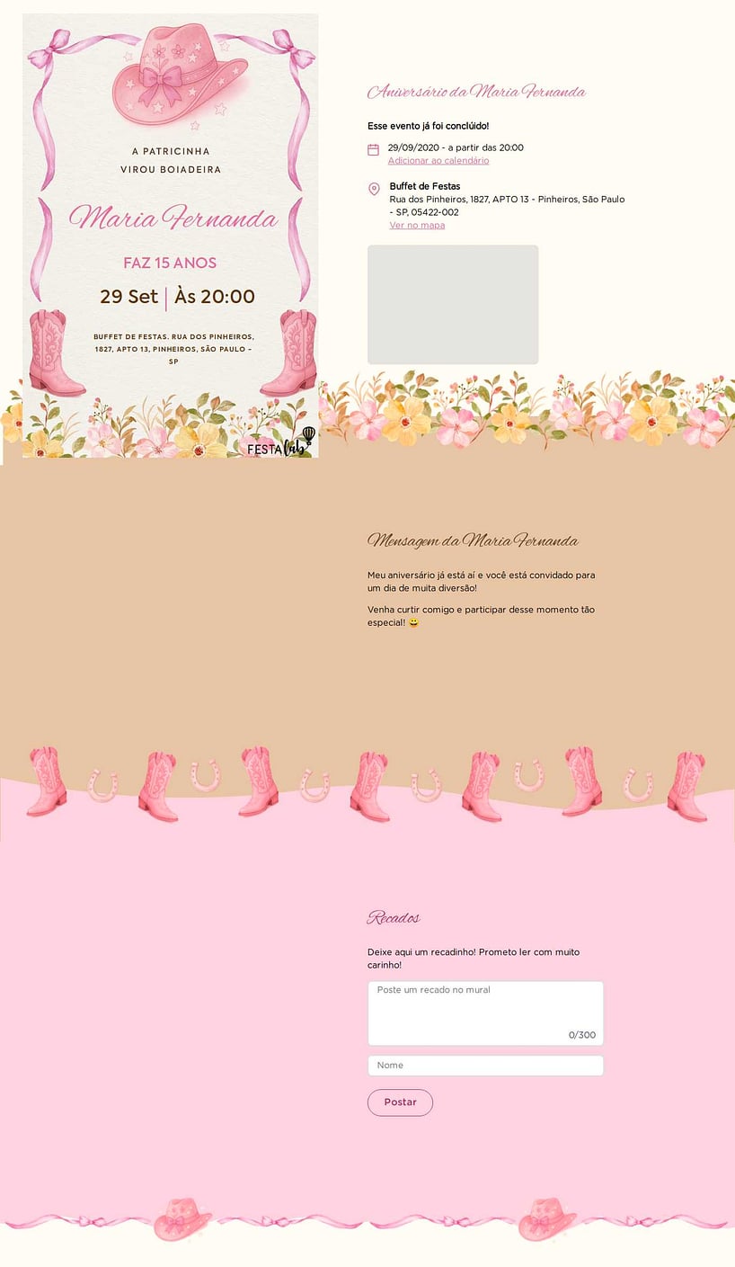 Convite online de aniversário - Festa no Rancho da Boiadeira| FestaLab